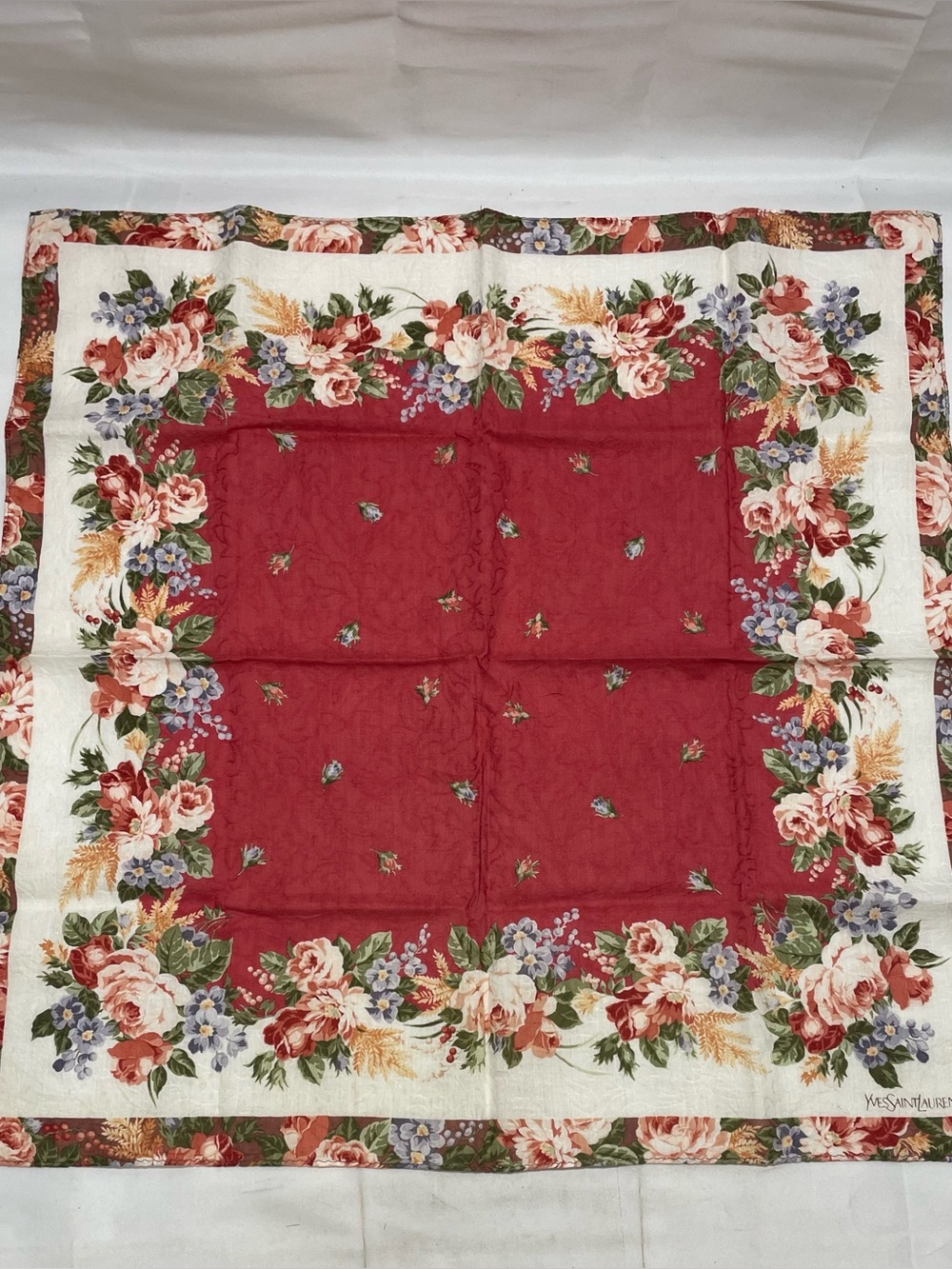 Yves Saint Laurent YSL Rose Floral Cotton Handkerchief Pocket Square 🌹VINTAGE🌹